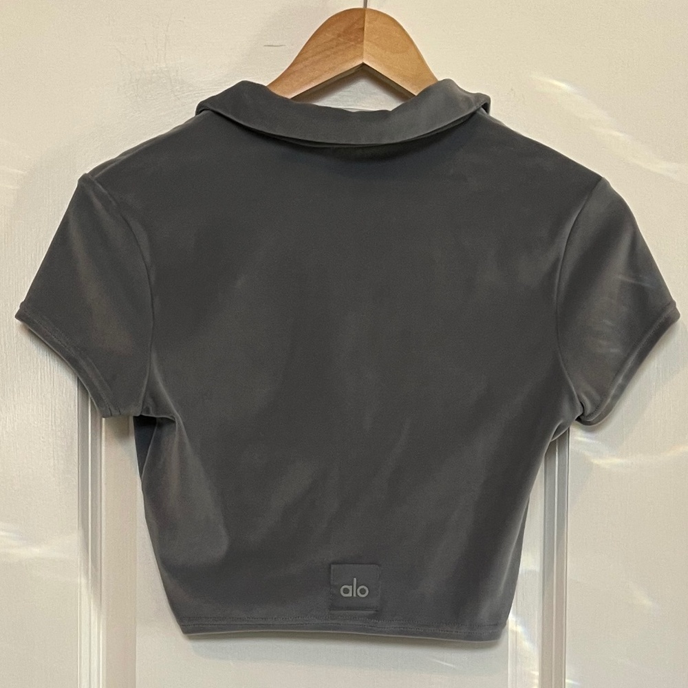 Alo Yoga✨Choice Velour Polo✨Short Sleeve Crop Henley✨Steel Blue✨Size S - Picture 7 of 10